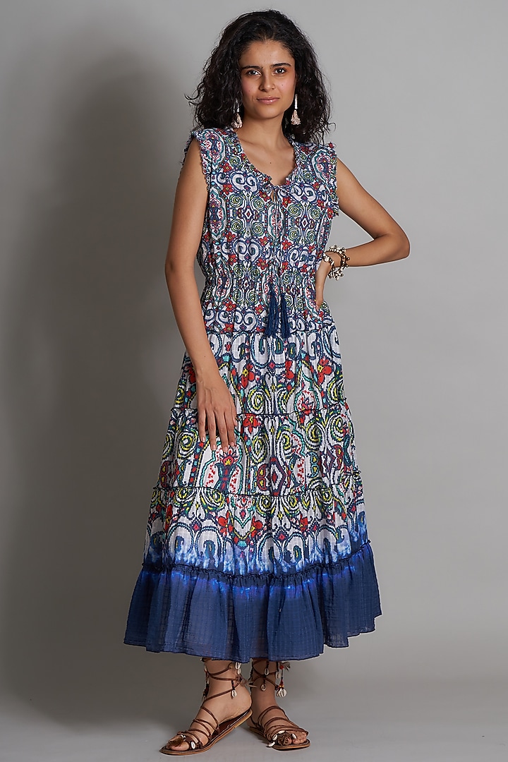 Blue Ikat Tiered Peasant Dress by Payal Jain