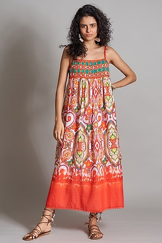 Red Ikat Pinafore Dress by Payal Jain
