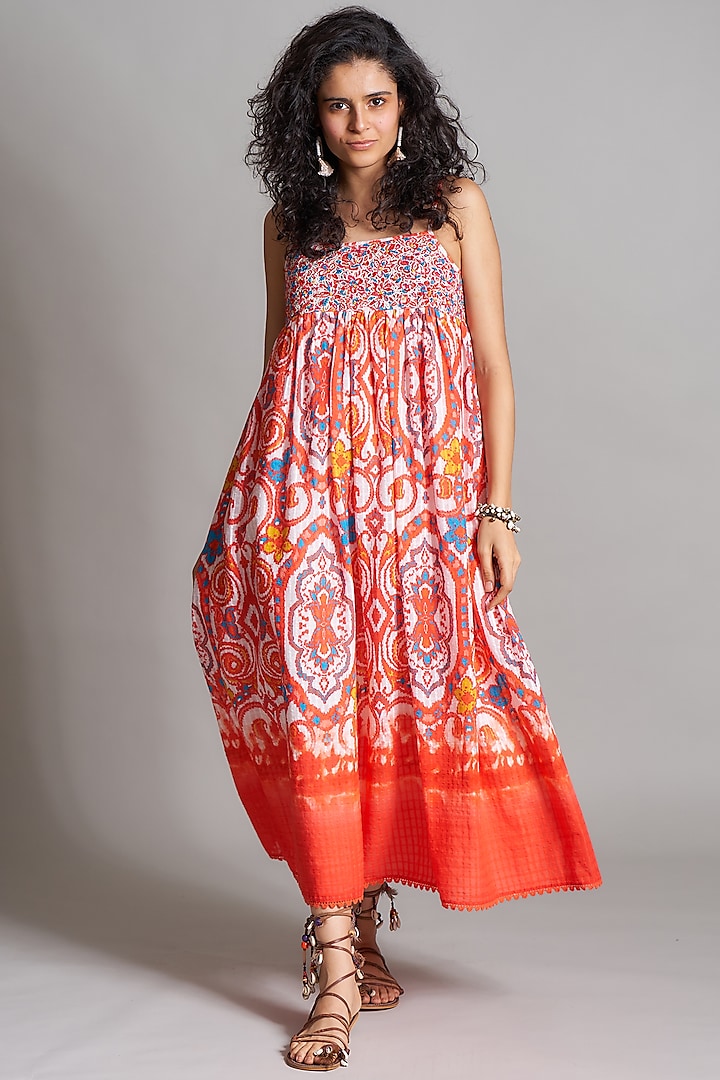 Red Ikat Embroidered Pinafore Dress by Payal Jain