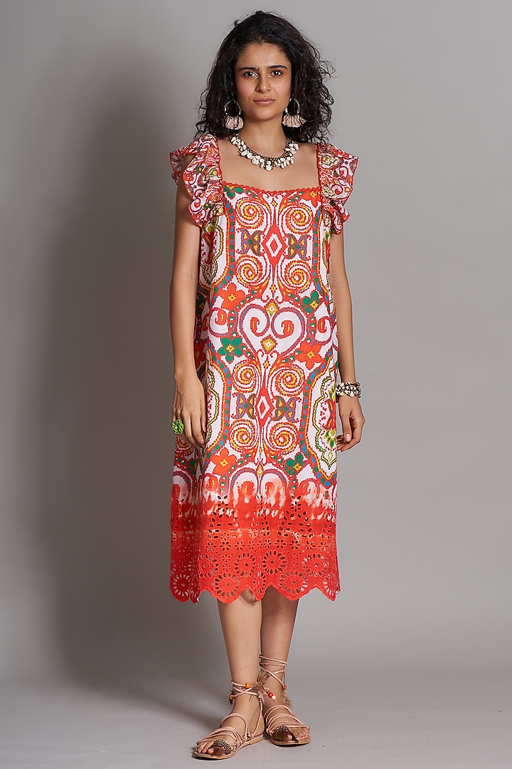 Orangish Red Ikat Embroidered Sundress by Payal Jain at Pernia's Pop Up Shop