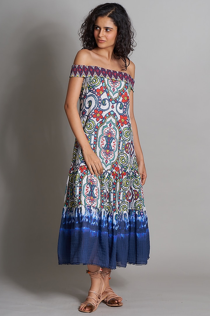 Cobalt Blue Ikat Off-Shoulder Dress  by Payal Jain