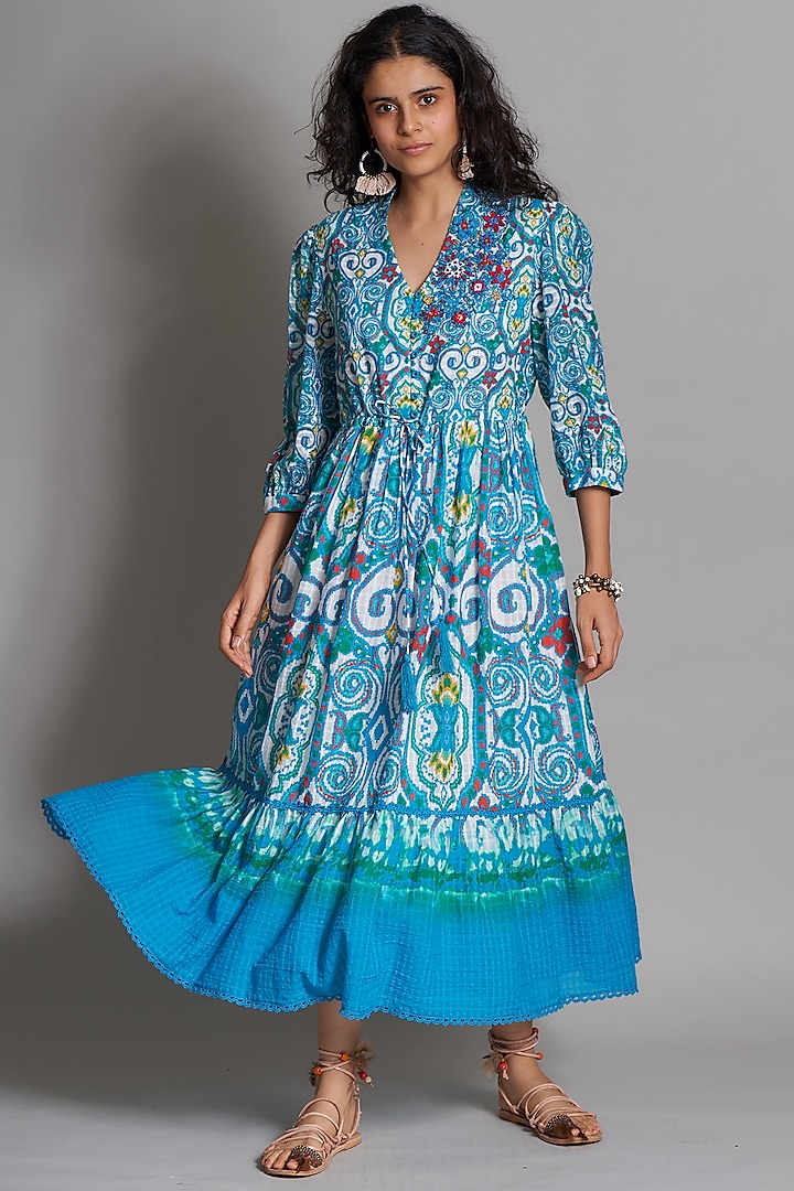 Turquoise Ikat Printed Dress by Payal Jain