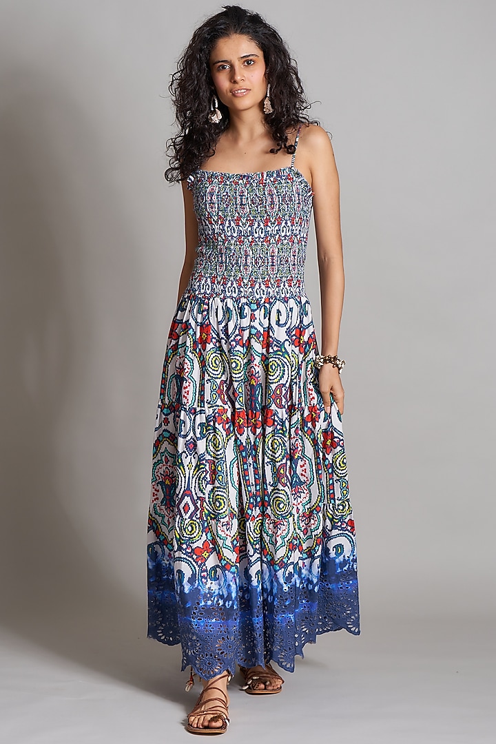Cobalt Blue Ikat Embroidered Strappy Dress by Payal Jain