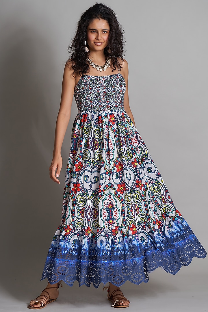 Cobalt Blue Ikat Embroidered Dress by Payal Jain