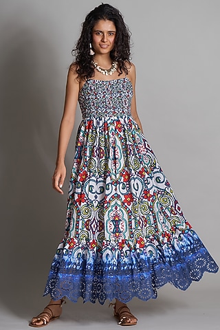 Cobalt Blue Ikat Embroidered Dress by Payal Jain