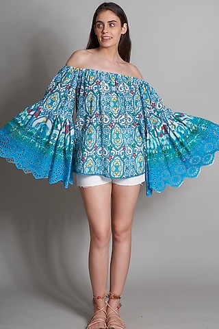 Turquoise Ikat Embroidered Peasant Blouse by Payal Jain