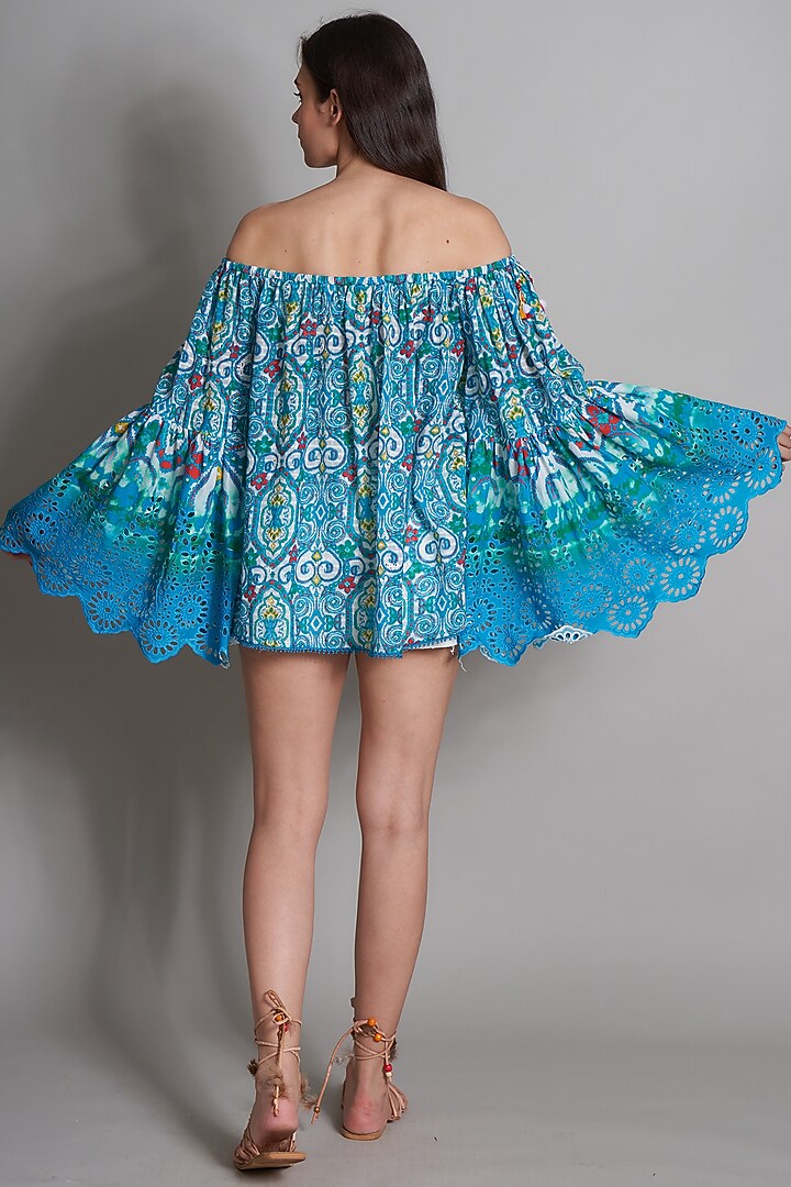 Turquoise Ikat Embroidered Peasant Blouse by Payal Jain at Pernia's Pop Up Shop