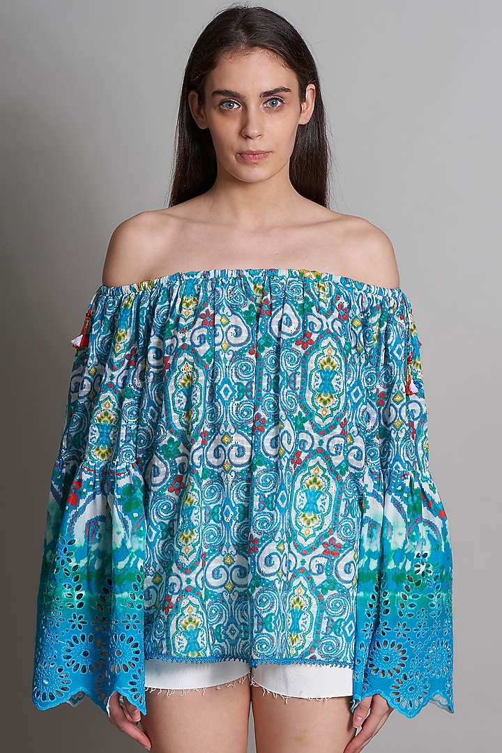 Turquoise Ikat Embroidered Peasant Blouse by Payal Jain at Pernia's Pop Up Shop