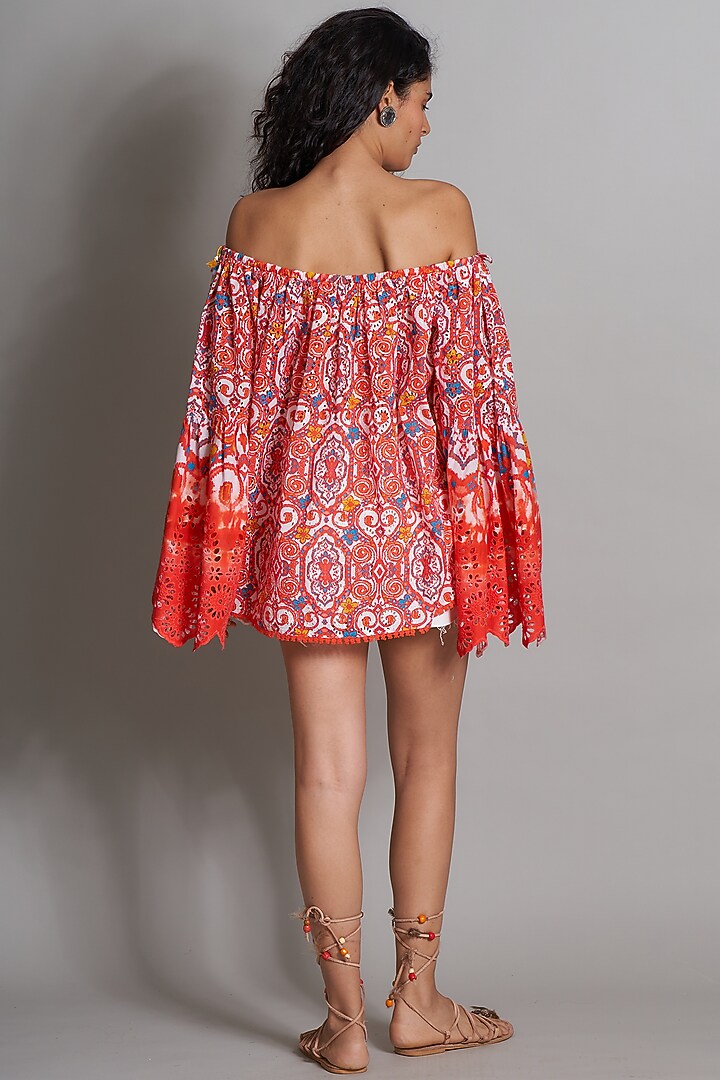 Orangish Red Ikat Embroidered Peasant Blouse by Payal Jain at Pernia's Pop Up Shop
