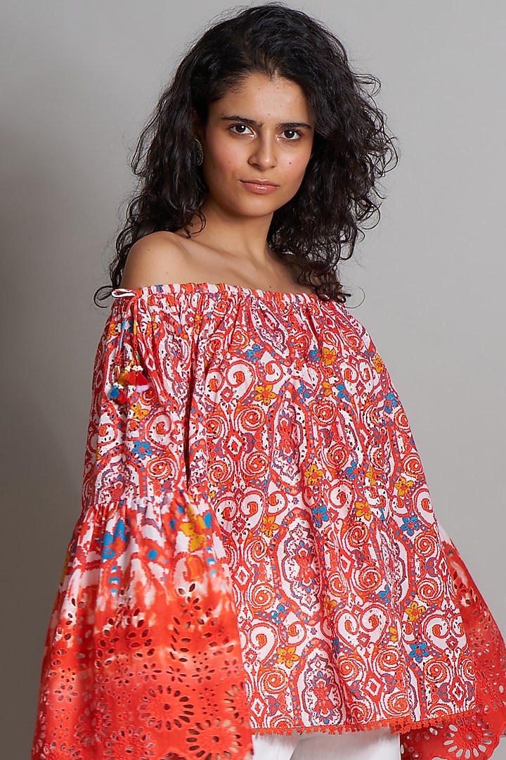 Orangish Red Ikat Embroidered Peasant Blouse by Payal Jain at Pernia's Pop Up Shop