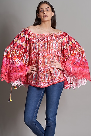 Fuchsia Ikat Embroidered Peasant Blouse by Payal Jain