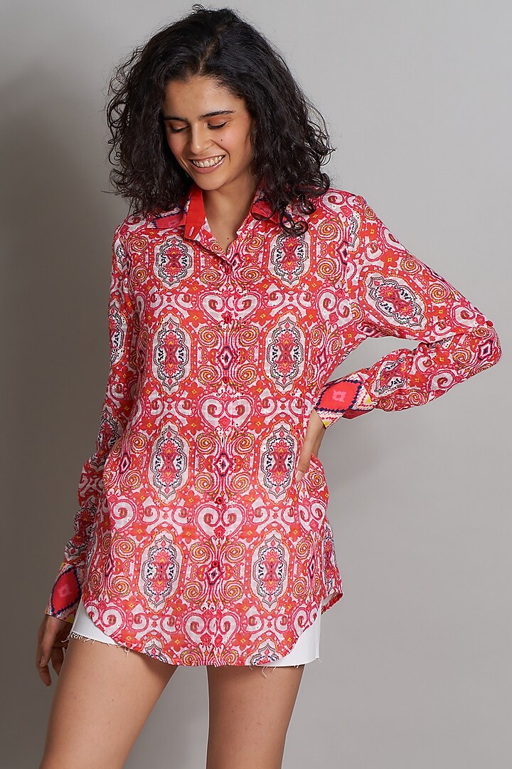Poppy Red Ikat Embroidered Shirt  by Payal Jain