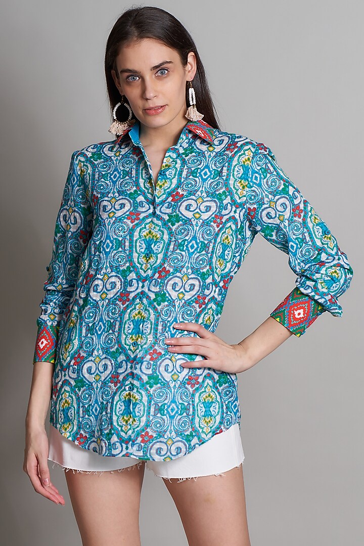 Turquoise Ikat Printed Shirt  by Payal Jain