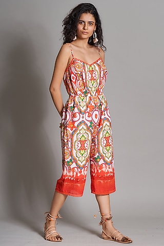 Orangish Red Ikat Cotton Jumpsuit by Payal Jain