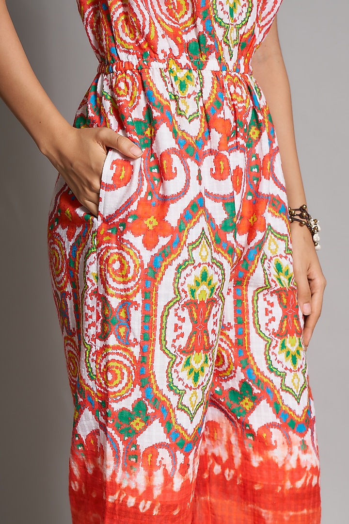 Orangish Red Ikat Cotton Jumpsuit by Payal Jain at Pernia's Pop Up Shop