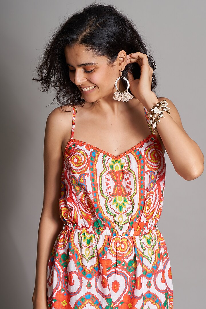 Orangish Red Ikat Cotton Jumpsuit by Payal Jain at Pernia's Pop Up Shop