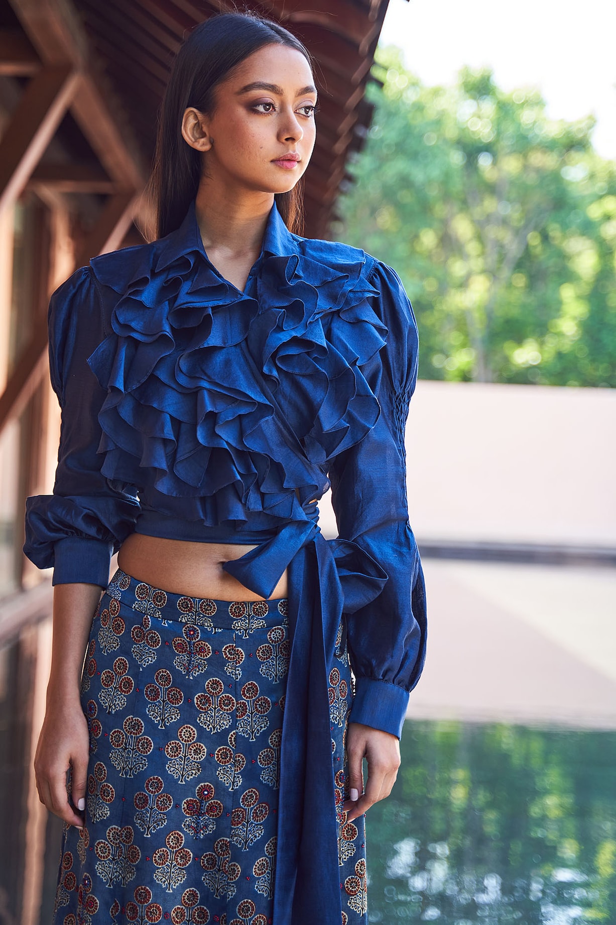 Indigo Blue Printed Ruffled Blouse by Payal Jain at Pernia's Pop Up Shop