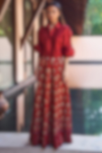 Red Ajrakh Printed Skirt Set by Payal Jain at Pernia's Pop Up Shop