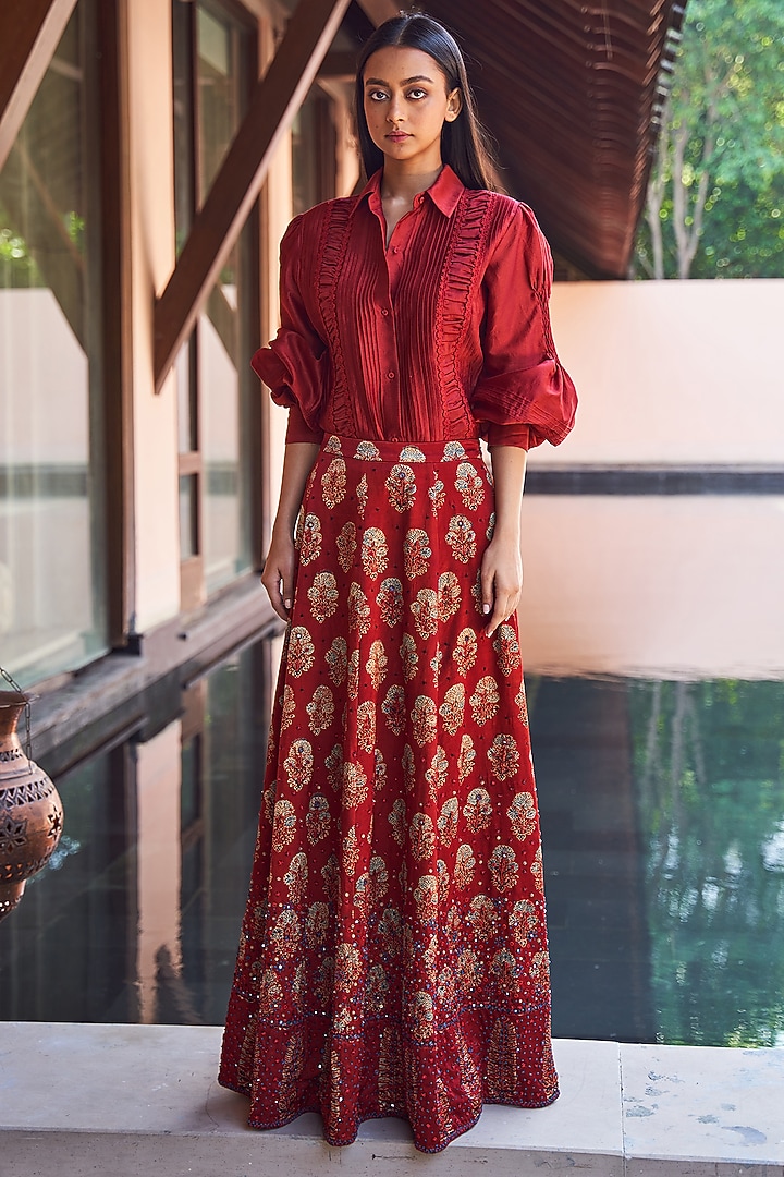 Red Ajrakh Printed Skirt Set by Payal Jain at Pernia's Pop Up Shop