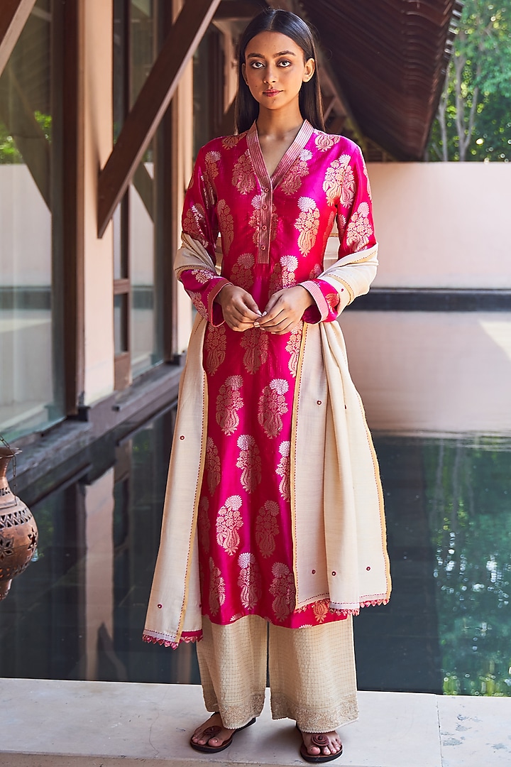 Fuchsia Silk Brocade Tunic Set by Payal Jain