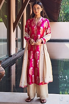 Fuchsia Silk Brocade Tunic Set by Payal Jain-STUNNING BROCADES
