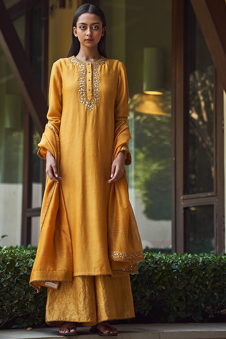 Gold Monga Silk Tunic Set by Payal Jain