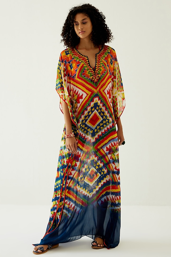 Multi-Colored Chiffon Long Printed Kaftan by Payal Jain