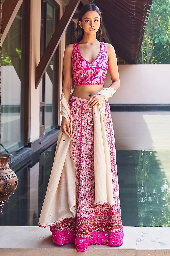 Pink & White Chikankari Lehenga Set by Payal Jain