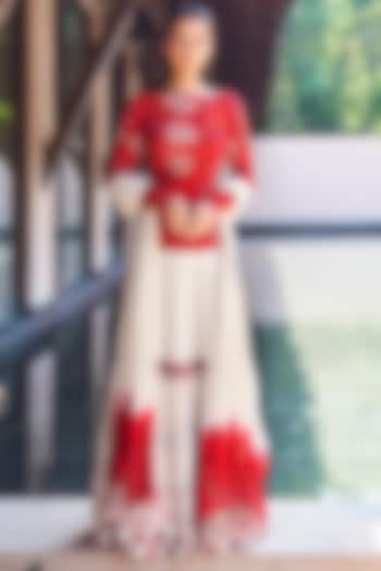 Ivory & Red Chikankari Lehenga Set by Payal Jain