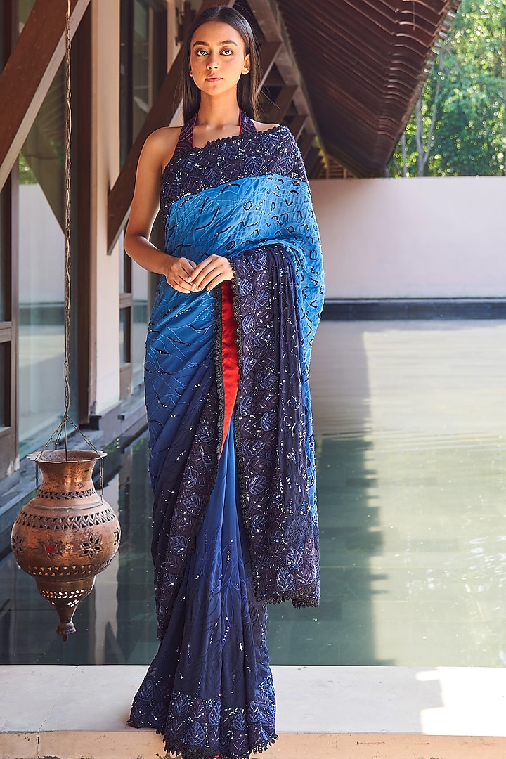 Midnight Blue Embroidered Wedding Saree by Payal Jain at Pernia's Pop Up Shop