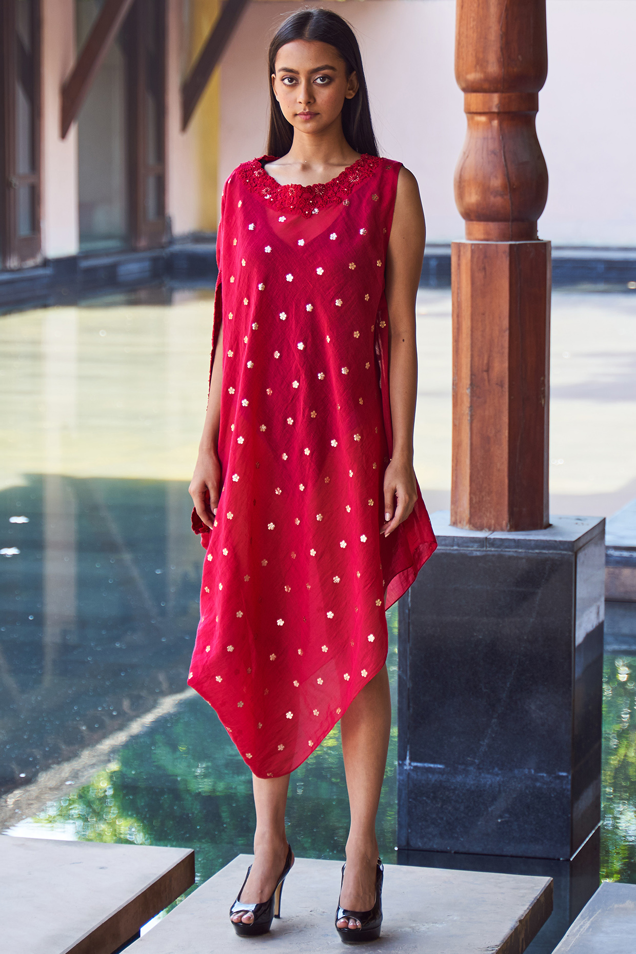 Red Asymmetric Cover Up by Payal Jain at Pernia's Pop Up Shop