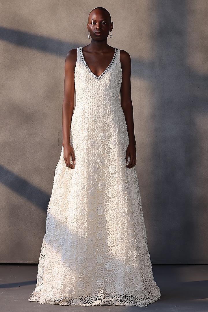 Ivory Guipure Lace Cutwork Bridal Gown by Payal Jain at Pernia's Pop Up Shop