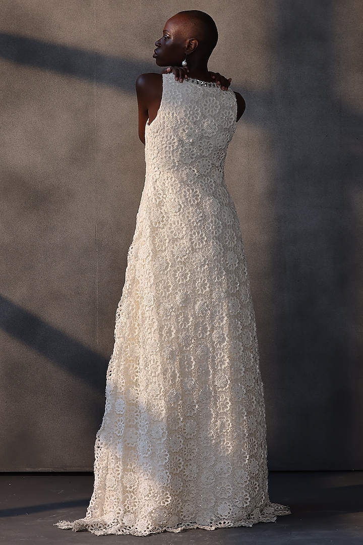 Ivory Guipure Lace Cutwork Bridal Gown by Payal Jain at Pernia's Pop Up Shop