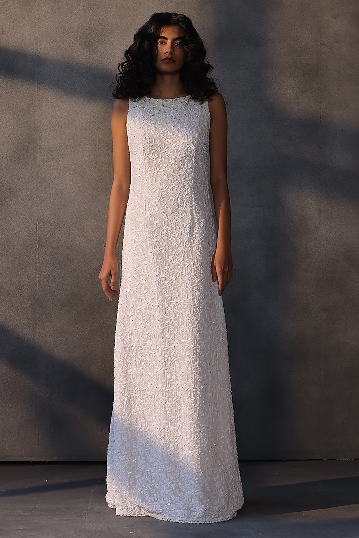 Ivory Georgette Chikankari Embellished Bridal Gown by Payal Jain at Pernia's Pop Up Shop