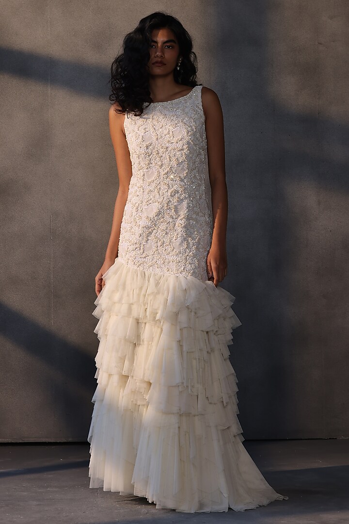 Ivory Georgette Chikankari Embellished Wedding Gown by Payal Jain at Pernia's Pop Up Shop