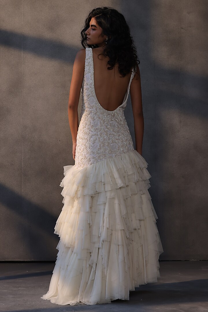 Ivory Georgette Chikankari Embellished Wedding Gown by Payal Jain at Pernia's Pop Up Shop