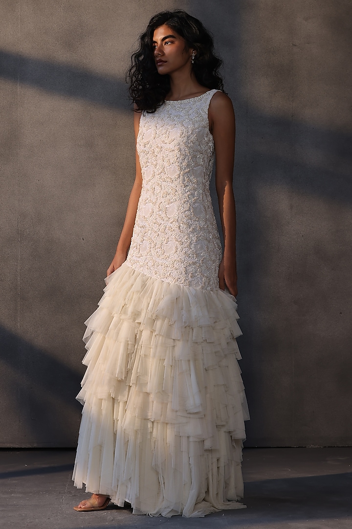 Ivory Georgette Chikankari Embellished Wedding Gown by Payal Jain at Pernia's Pop Up Shop