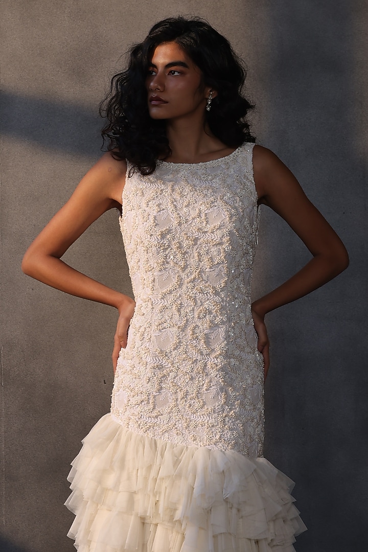 Ivory Georgette Chikankari Embellished Wedding Gown by Payal Jain at Pernia's Pop Up Shop