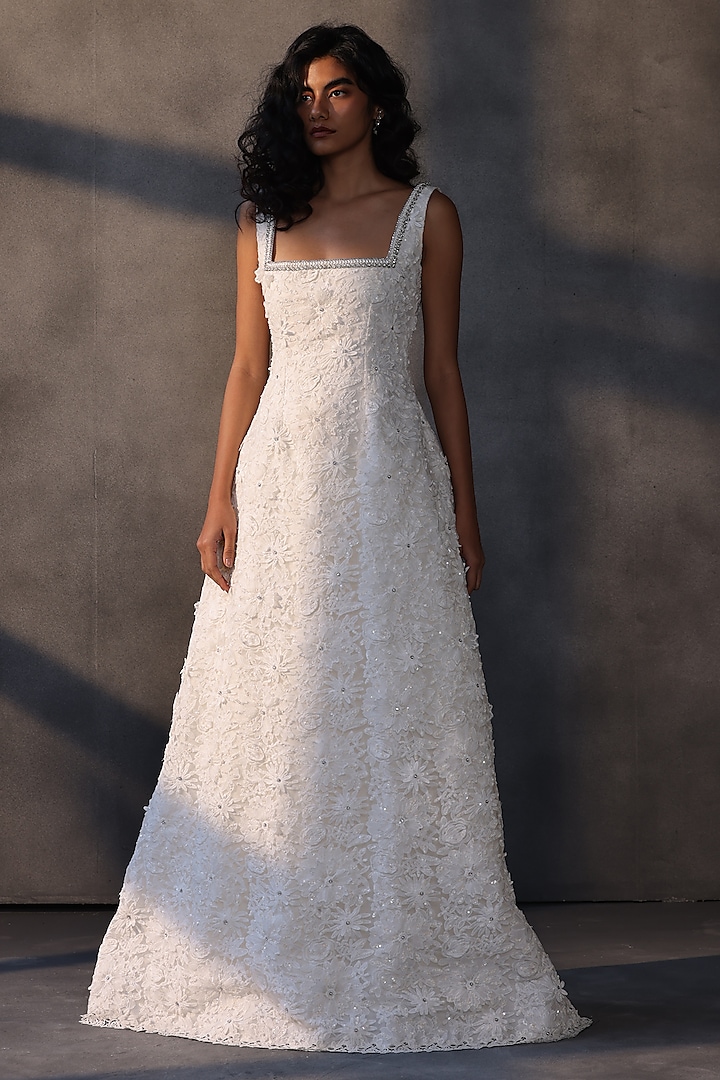 White Lace Applique Bridal Gown by Payal Jain at Pernia's Pop Up Shop