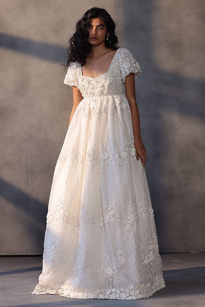 Ivory Lace Floral Applique Bridal Gown by Payal Jain at Pernia's Pop Up Shop
