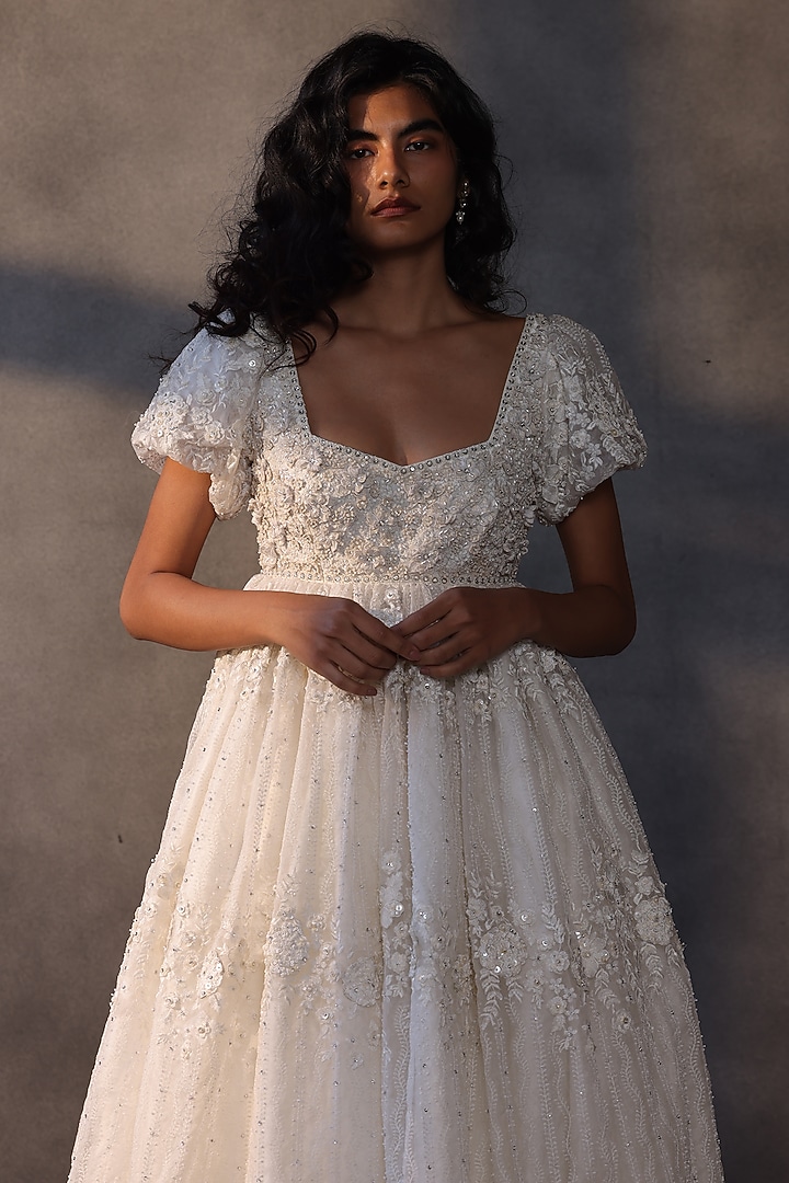 Ivory Lace Floral Applique Bridal Gown by Payal Jain at Pernia's Pop Up Shop