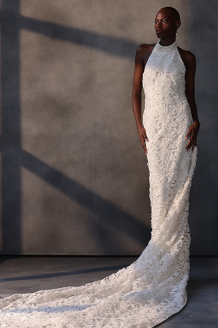 Ivory Guipure Lace Cutwork Bridal Gown by Payal Jain at Pernia's Pop Up Shop