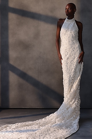 Ivory Guipure Lace Cutwork Gown by Payal Jain