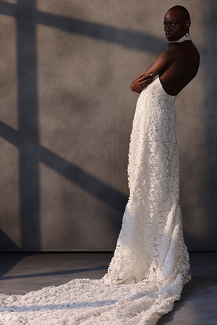 Ivory Guipure Lace Cutwork Bridal Gown by Payal Jain at Pernia's Pop Up Shop