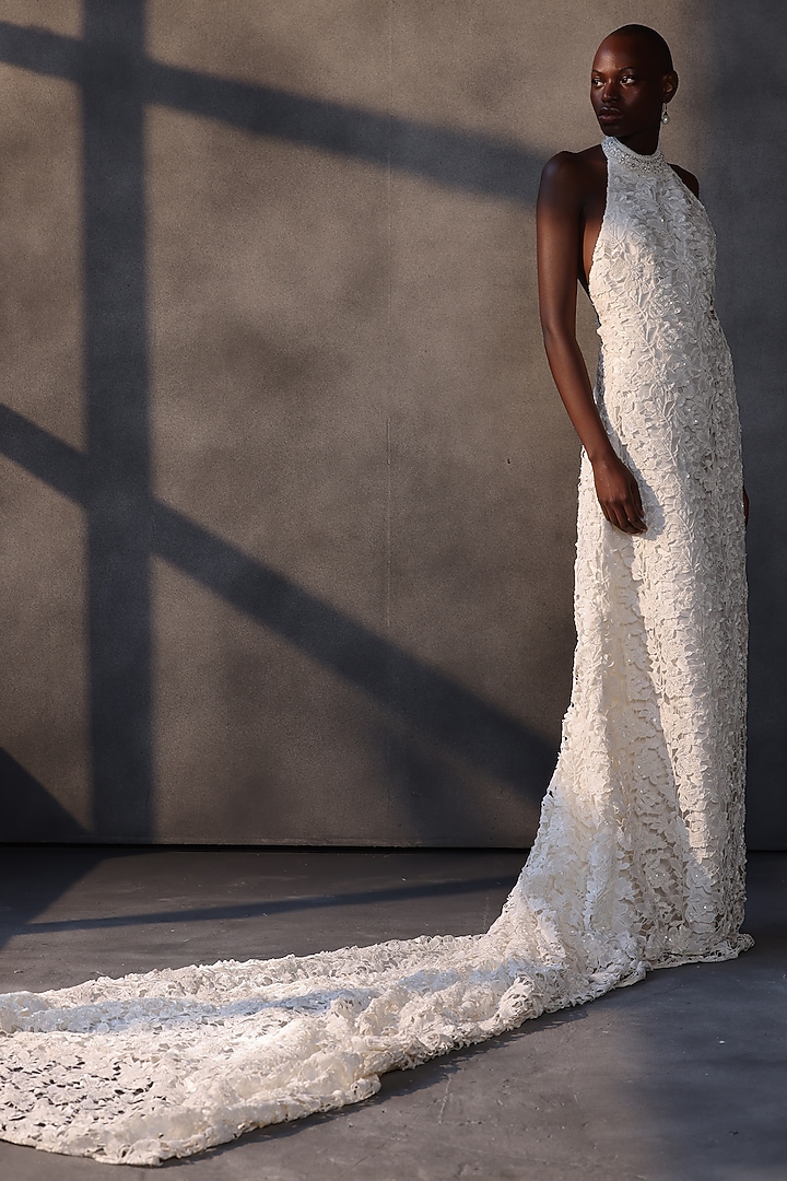 Ivory Guipure Lace Cutwork Bridal Gown by Payal Jain at Pernia's Pop Up Shop