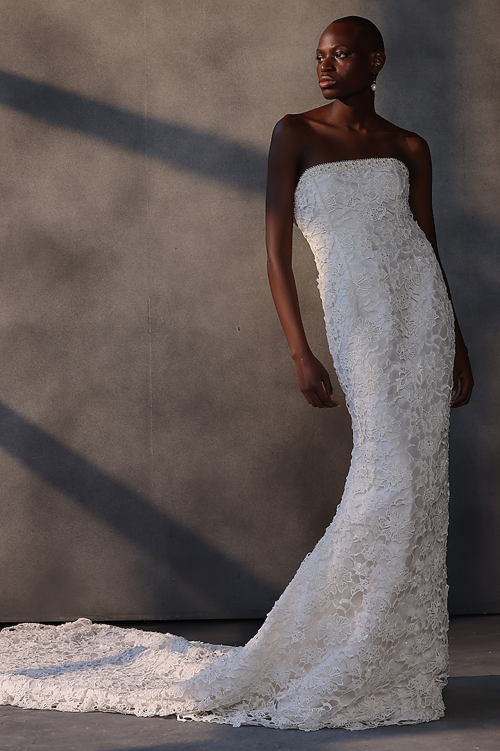 Ivory Guipure Lace Cutwork Bridal Gown by Payal Jain at Pernia's Pop Up Shop