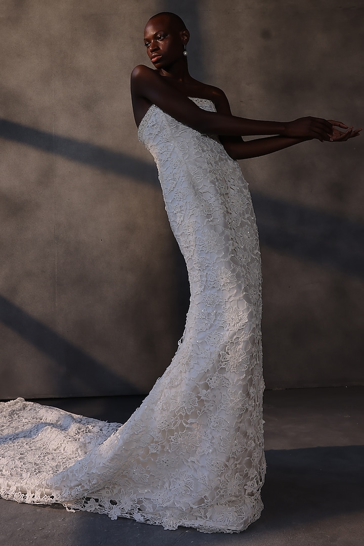 Ivory Guipure Lace Cutwork Bridal Gown by Payal Jain at Pernia's Pop Up Shop