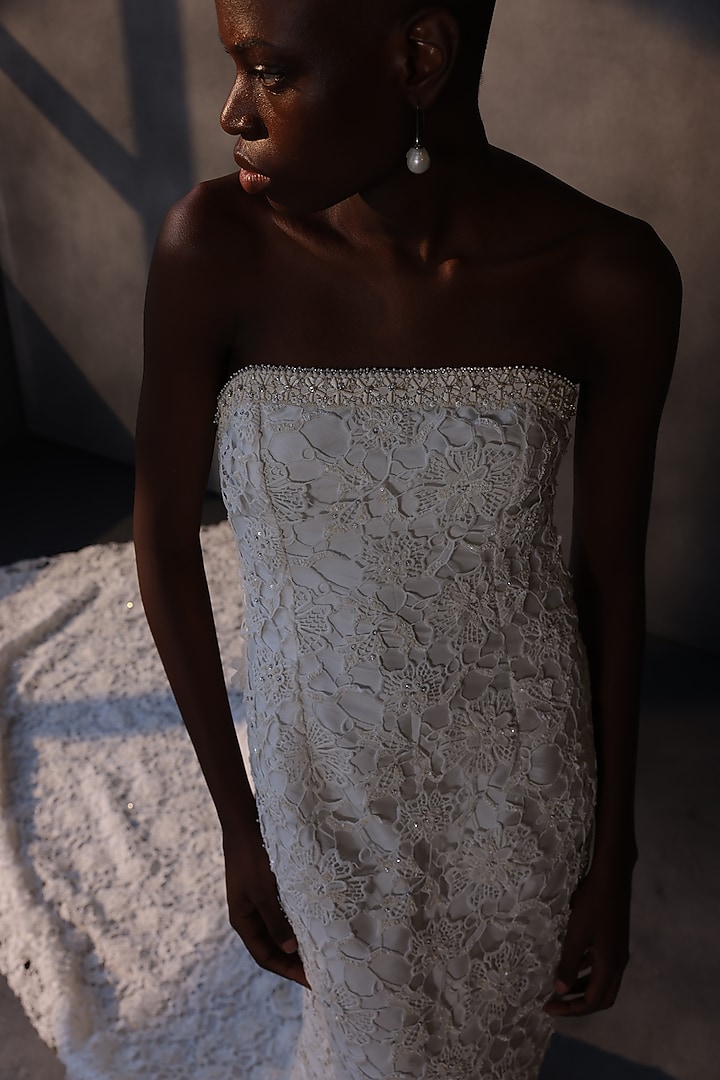 Ivory Guipure Lace Cutwork Bridal Gown by Payal Jain at Pernia's Pop Up Shop