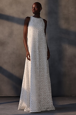 Ivory Lace Crystal & Beadwork Shift Gown by Payal Jain
