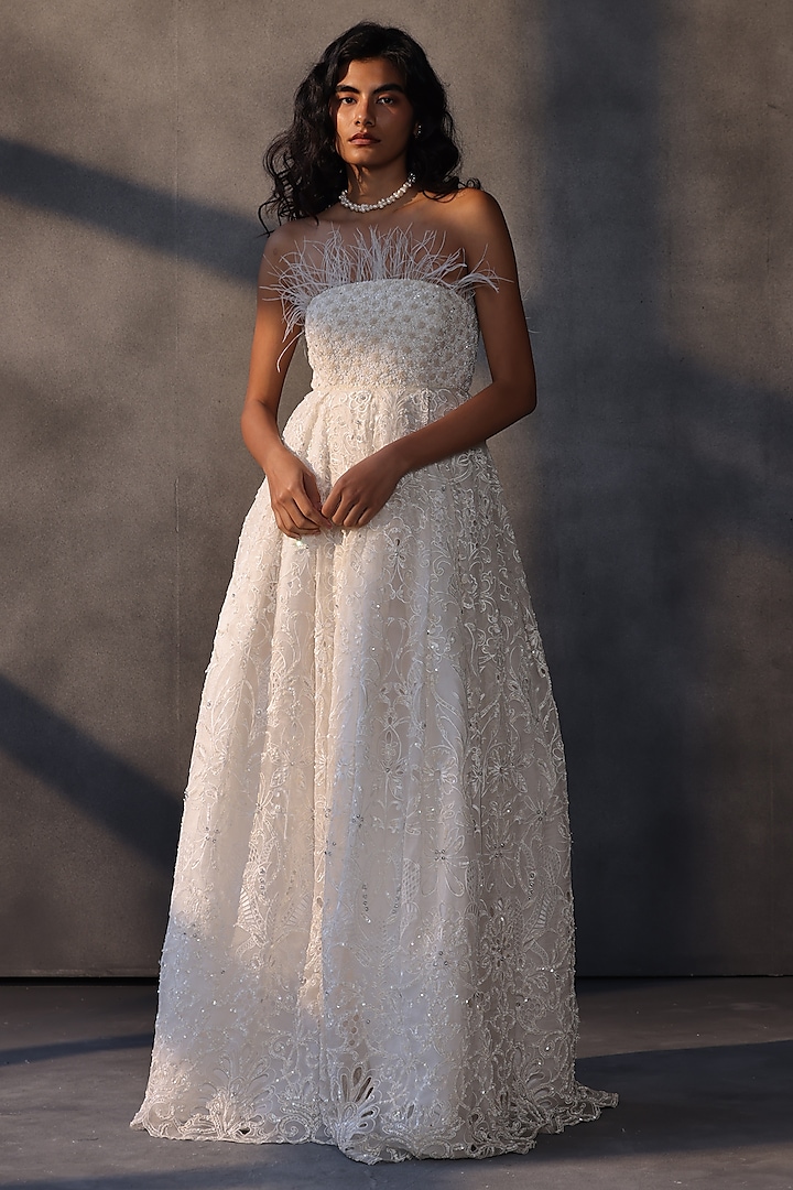 Ivory Organza Sequins Embellished Corset Bridal Gown by Payal Jain at Pernia's Pop Up Shop